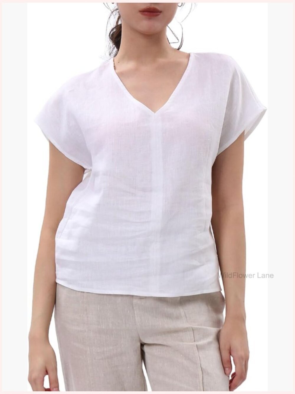 100% Linen Short Sleeve V-Neck Blouse – Relaxed Fit Summer Top